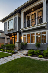 Luxury Modern Home Exterior: Gray Facade, Stone Accents, and Landscaped Garden