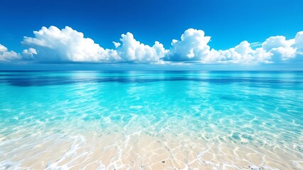 Fototapeta premium Pristine Tropical Beach With Clear Water featuring white sand, turquoise sea, and a blue sky with scattered clouds, creating a serene and idyllic coastal scene.