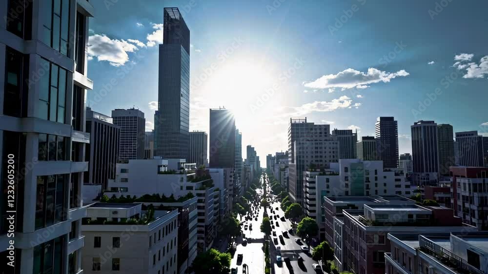 Poster sunlight shines brightly through a cityscape, creating a starburst effect, as traffic flows steadily