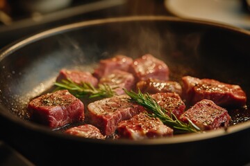Sizzling Beef Cubes with Fresh Rosemary in Pan