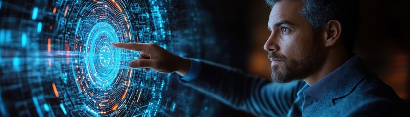 Obraz premium Man pointing at a digital screen with graphs and data for presentation in office environment