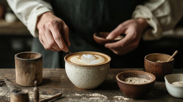 Barista perfects latte art in cozy , culinary demonstration, close-up view, artistic process