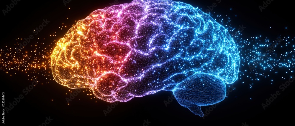 Poster brain with glowing lines and dots representing neural connections and technology in a dark backgroun