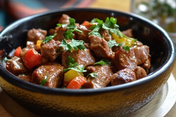 Juicy fried beef stew with vegetables and herbs garnishing a black bowl