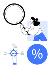 Woman holding magnifying glass examining data icons including WMS button, warehouse images, and percentage sign. Ideal for business analysis, logistics, supply chain, inventory management, data