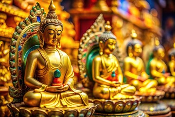 Tilt-shift photography showcases golden Buddhist statues of Guru Rimpoche and Chenrezig, evoking miniature Himalayan art.