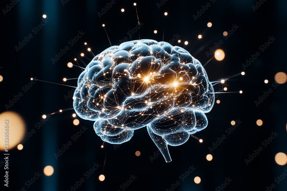Poster a futuristic brain outline is illuminated by circuit lines and sparkling particles, showcasing the i
