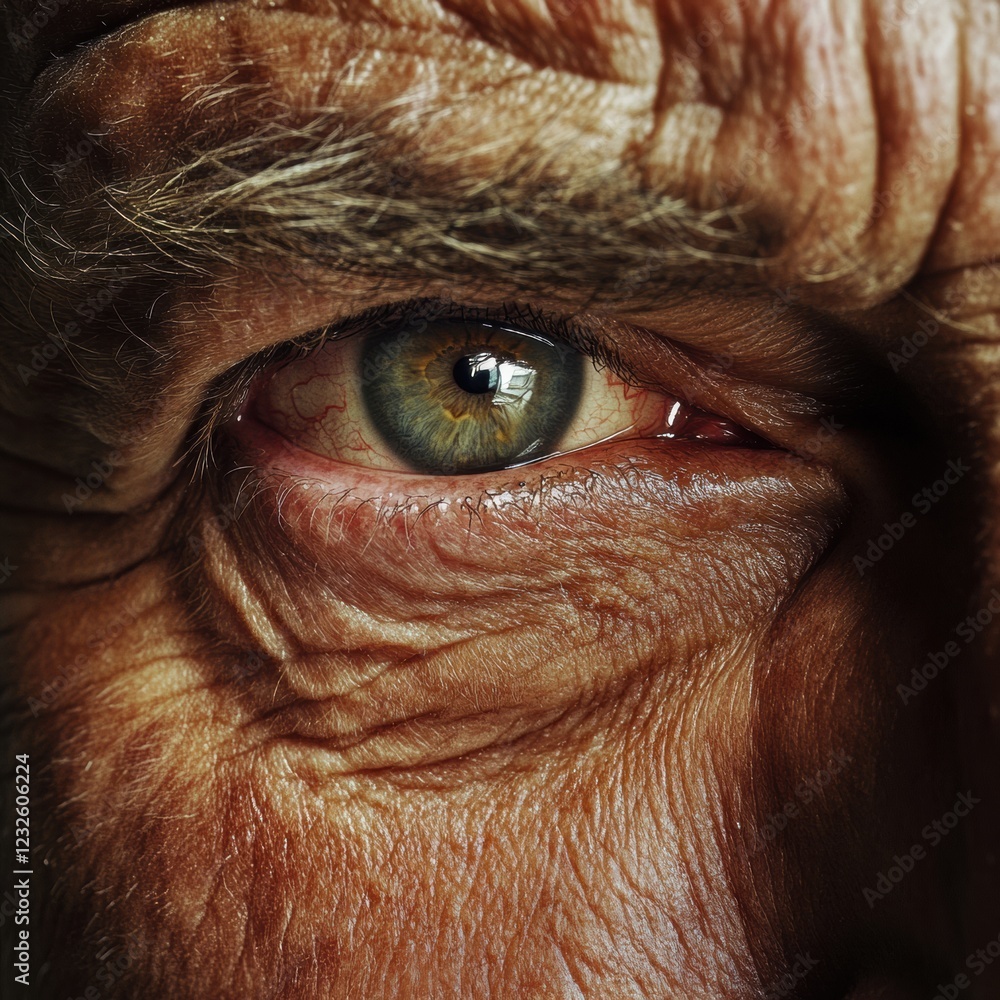Poster close-up view of an elderly man's eye showcasing intricate details and textures under soft lighting.