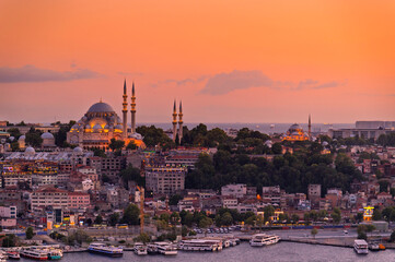 Istanbul city of sunset citycape is beautiful scenery of summer with lifestyle travel, tourism and vacation in Istanbul town buildings .Turkey.