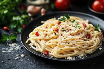 Spaghetti with creamy sauce, grated cheese and dried pepper garnishing a black plate