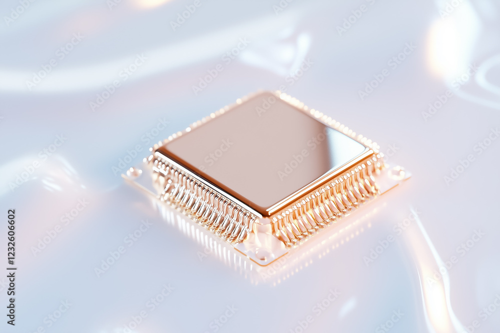 Poster a microchip sits on a white surface illuminated with gentle lighting. the clean and modern look emph