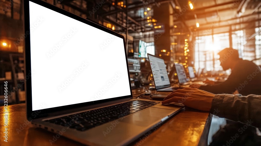 Poster person using a laptop computer while sitting at a desk in a modern workspace environment