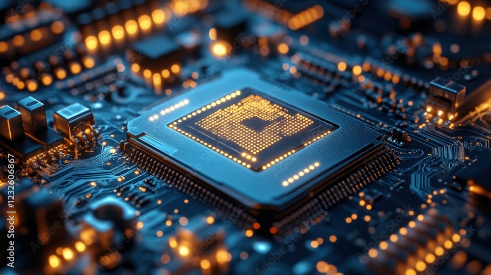 Poster close up view of a computer chip with circuitry and electronic components on a black background