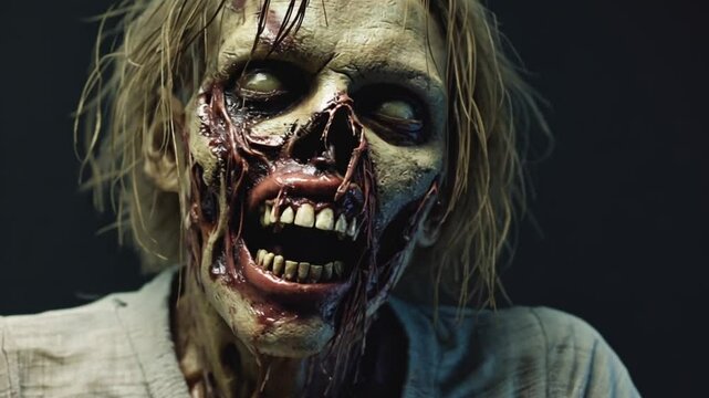 Evil zombie face on black background. Scary monster character face
