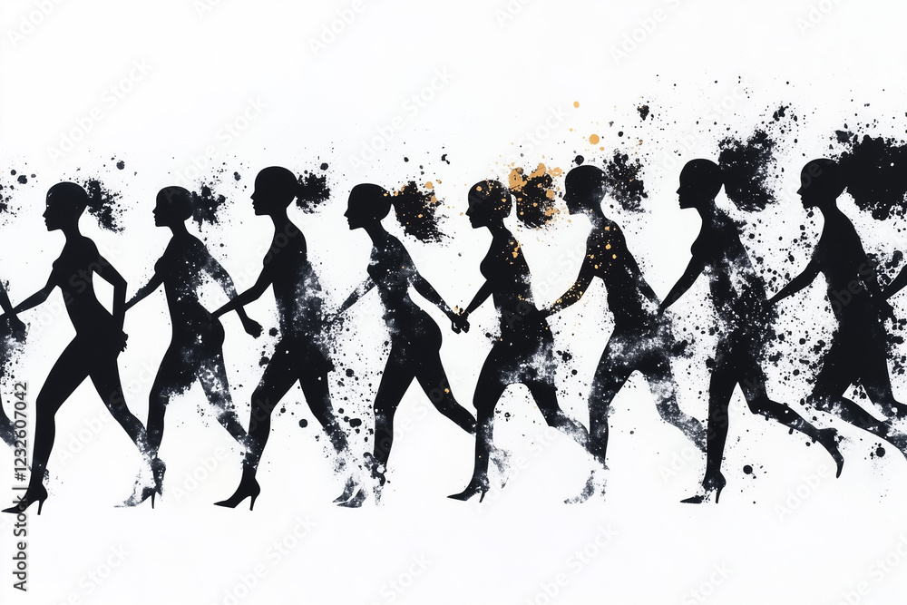 Poster silhouettes of diverse individuals merge into one line as they walk in unity showcasing collaboratio