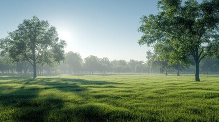 Fototapeta premium Sunny morning mist over tranquil green field, trees