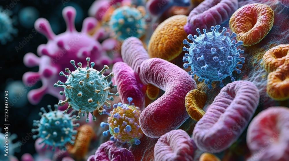 Poster close up of a group of colorful viruses under microscope in scientific research setting