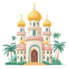 A digitally illustrated depiction of a beautiful mosque with golden domes and minarets situated amidst lush green palm trees.