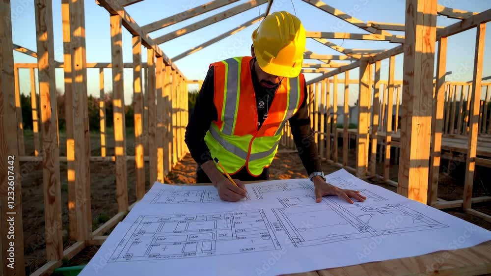 Aufkleber architect wearing a safety vest and helmet reviews blueprints on a table at a construction site duri