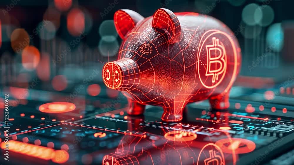 Poster piggy bank model illuminated with cryptocurrency symbols and digital patterns in a modern financial 
