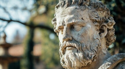 Fototapeta premium A weathered stone statue in an ancient city park, with eroded details from centuries of exposure to the elements.
