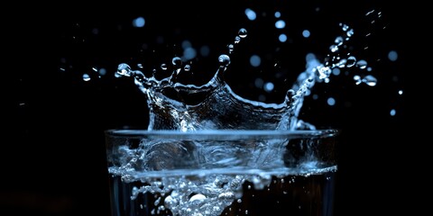 Water splash in glass, dark background, refreshment (1)