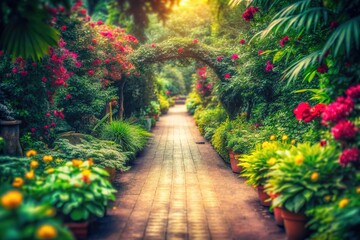 Vintage garden walkway bathed in ethereal light, long exposure artistry.