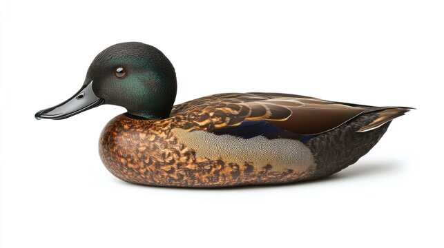 Detailed wooden duck decoy, profile view, white background, wildlife art