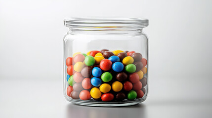 A clear glass jar filled with colorful candies, placed in the center of a white background