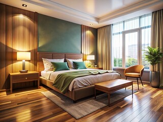 Warm, minimalist hotel room with a plush bed and hardwood floors.