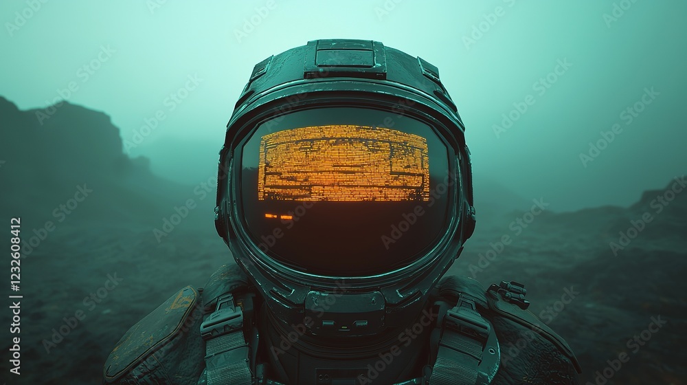 Poster exploring a futuristic landscape through a spacesuit helmet in an alien environment