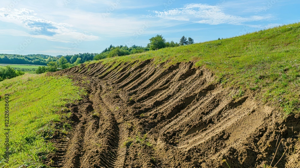 Poster a hillside with natural eroded lines running across the surface, shaped by rainfall and shifting soi