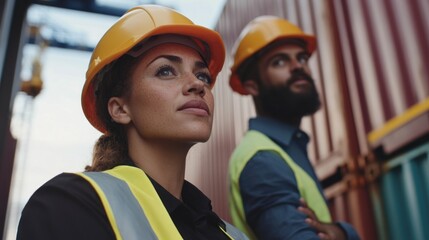 Obraz premium Dockworkers overseeing cargo, port logistics