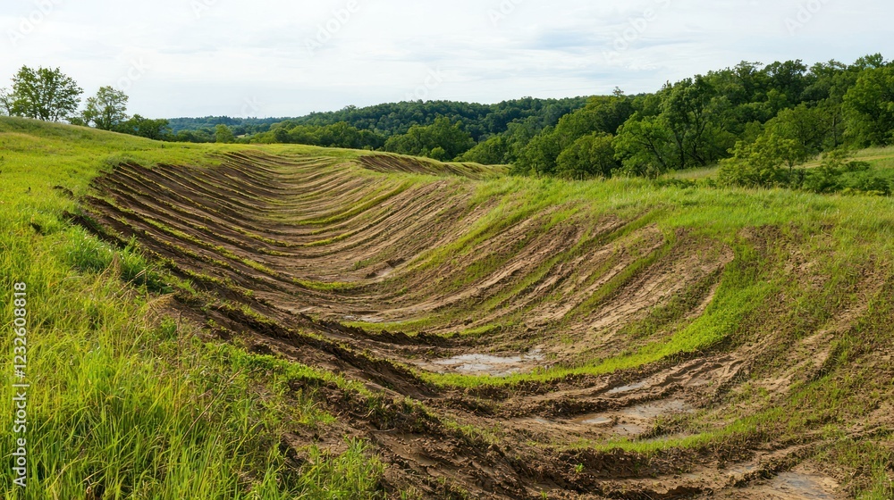 Poster a hillside with natural eroded lines running across the surface, shaped by rainfall and shifting soi