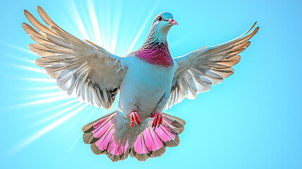 Stunning pastelcolored pigeon in flight against a vibrant blue sky, backlit by a radiant sunburst.  Perfect for concepts of peace, freedom, and hope ideal for websites, blogs, and social media.