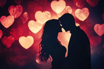 Couple kissing with heart shaped bokeh in the background