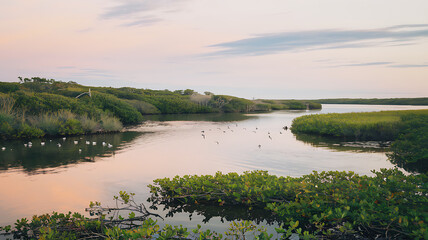 Coastal marshland with tall reeds, reflecting pools, vibrant wildlife, distant hills, and warm golden sunset light over textured wetland
