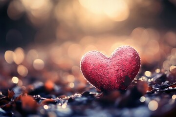 Obraz premium Glistening red heart standing on wet autumn leaves in golden sunset light