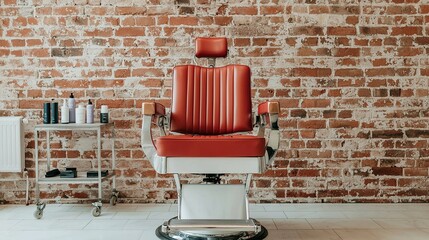 Classic barber chair setup with tools and products in stylish salon environment