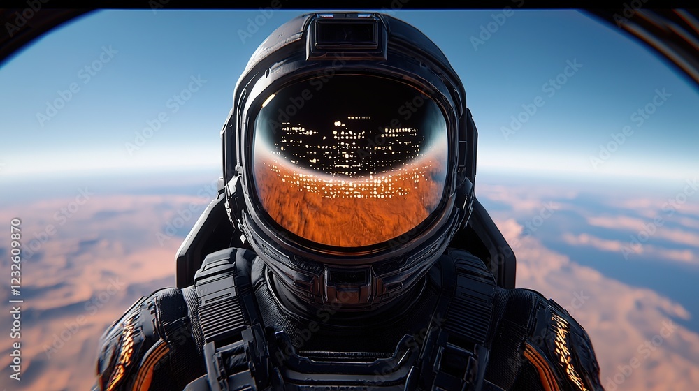 Poster futuristic space exploration view outer space first-person perspective sci-fi environment high-tech 
