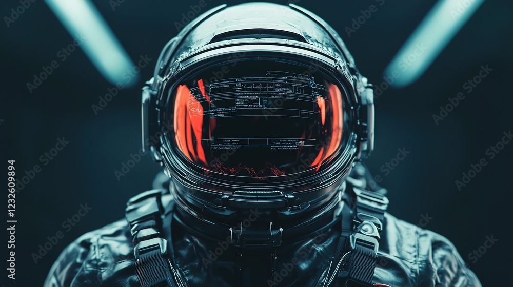 Poster futuristic space exploration astronaut in high-tech suit virtual environment first-person view sci-f