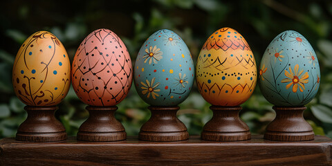 Painted Easter eggs in bright colors on a special stand. Celebration of Holy Easter. Advertising banner for Easter.