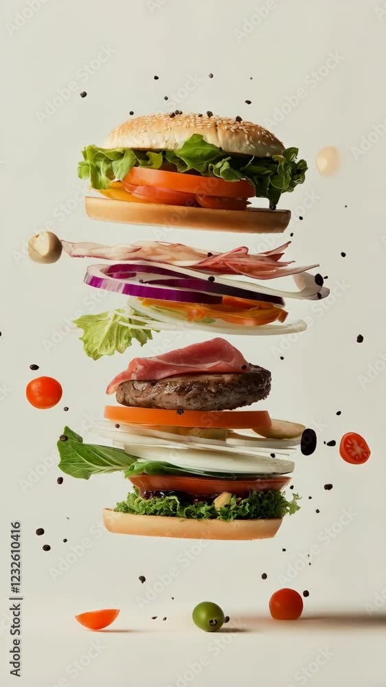 Poster burger ingredients such as lettuce, tomato, onion, meat, and bun are floating in mid air, creating a