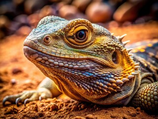Fototapeta premium Wide-eyed desert reptile, head tilted, a captivating drone shot revealing intricate detail.