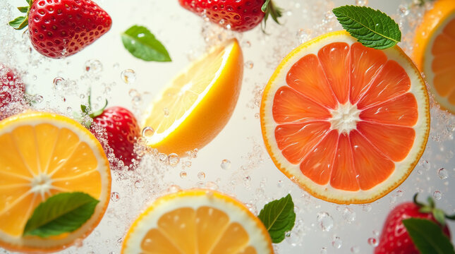 Refreshing fruit background with floating citrus slices, strawberries, and mint leaves in ice-cold water