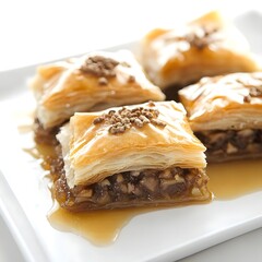 A close-up of baklava pieces drizzled with syrup, showcasing layers and nuts.
