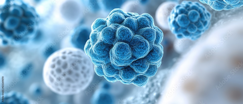 Poster close up of a blue and white cell structure under microscope with detailed textures and patterns