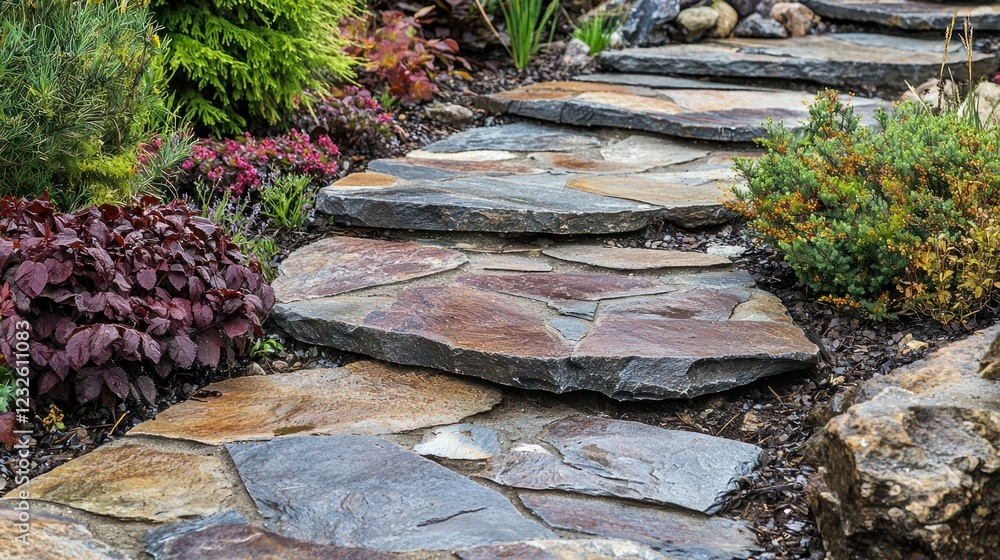 Poster a stone pathway with eroded patterns created by foot traffic and weathering over time.