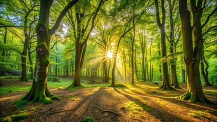 Warm sunlight filters through trees in a dense green forest, casting dappled shadows on the forest floor, branches, nature photography
