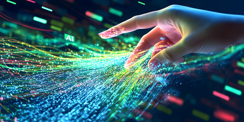 
Hand touching a digital screen with a network connection and data flow concept, a technology background.